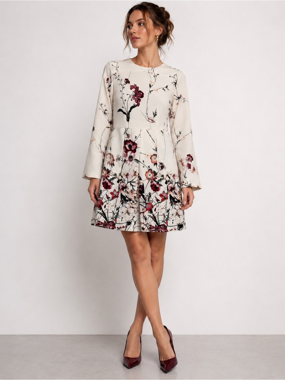 Zara Woman Floral Print Mini Dress Cream Burgundy Pocket Feminine Elegant Preppy